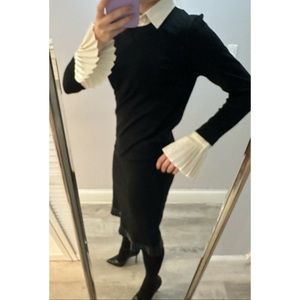 LAUREN Ralph Lauren Black Collared Layered Ponte Shift Dress with Pleated Cuffs